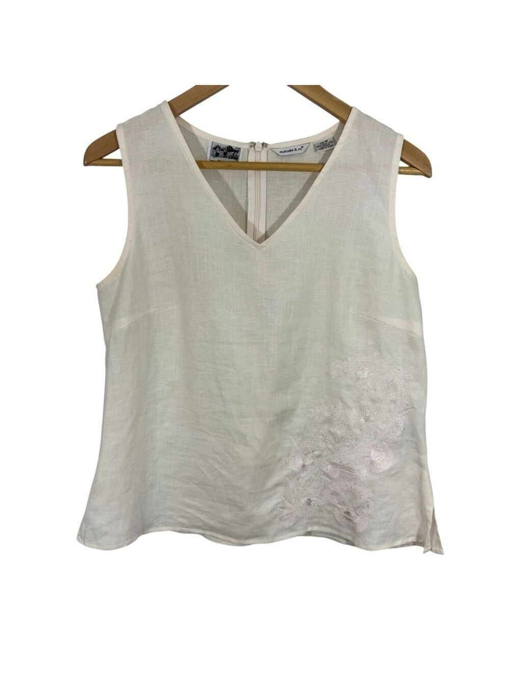 Malcolm & Co. 100% Irish Linen Sleeveless Top Sz M Cream Embroidered Tank Top